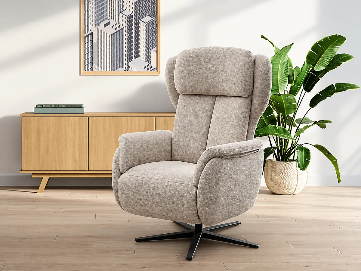Sillón KIRA beige con respaldo alto y base giratoria